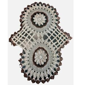 Vintage Tablecloth runner placemat- lattice ornate intricate knit brown decor
